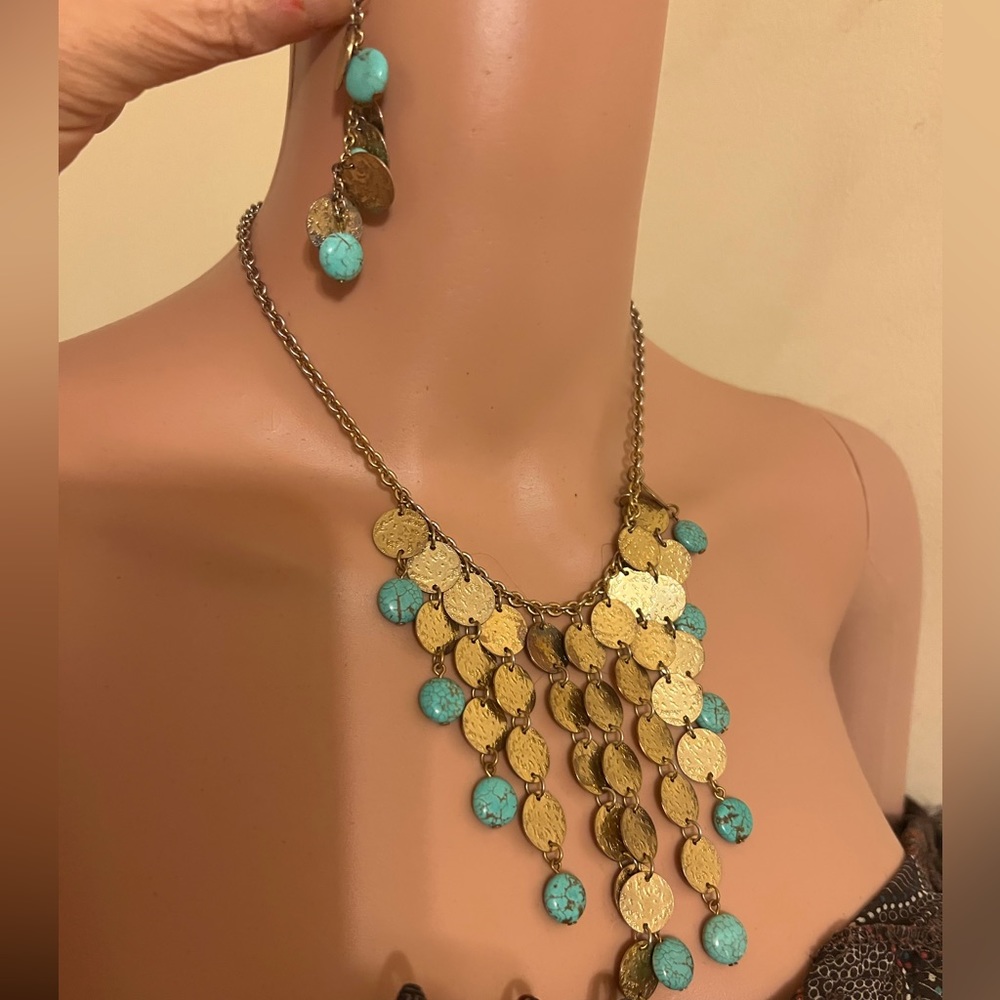 Vintage statement Graziano faux turquoise & coin necklace & pierced earrings set